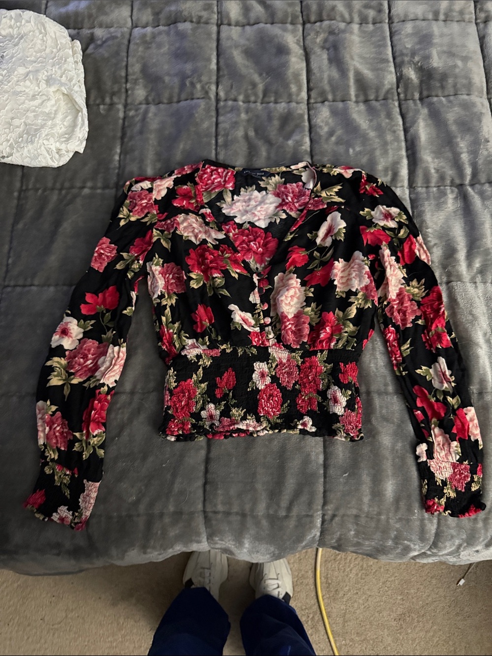 Floral Long-Sleeve Smocked Waist Top - Black with Pink & Red Blooms